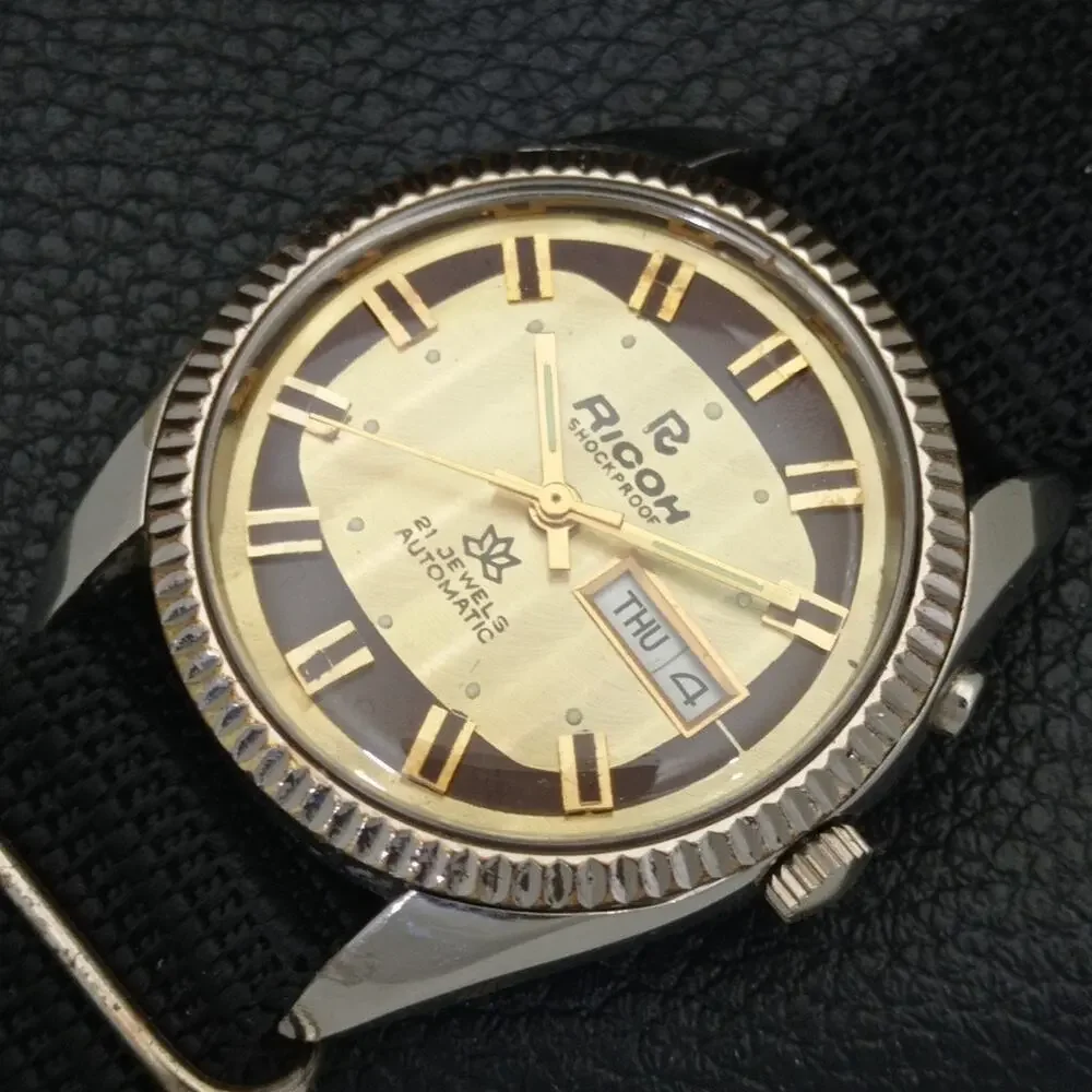 Vintage 1976 Ricoh Automatic Mens Silver Watch W/daydate & Gold accents